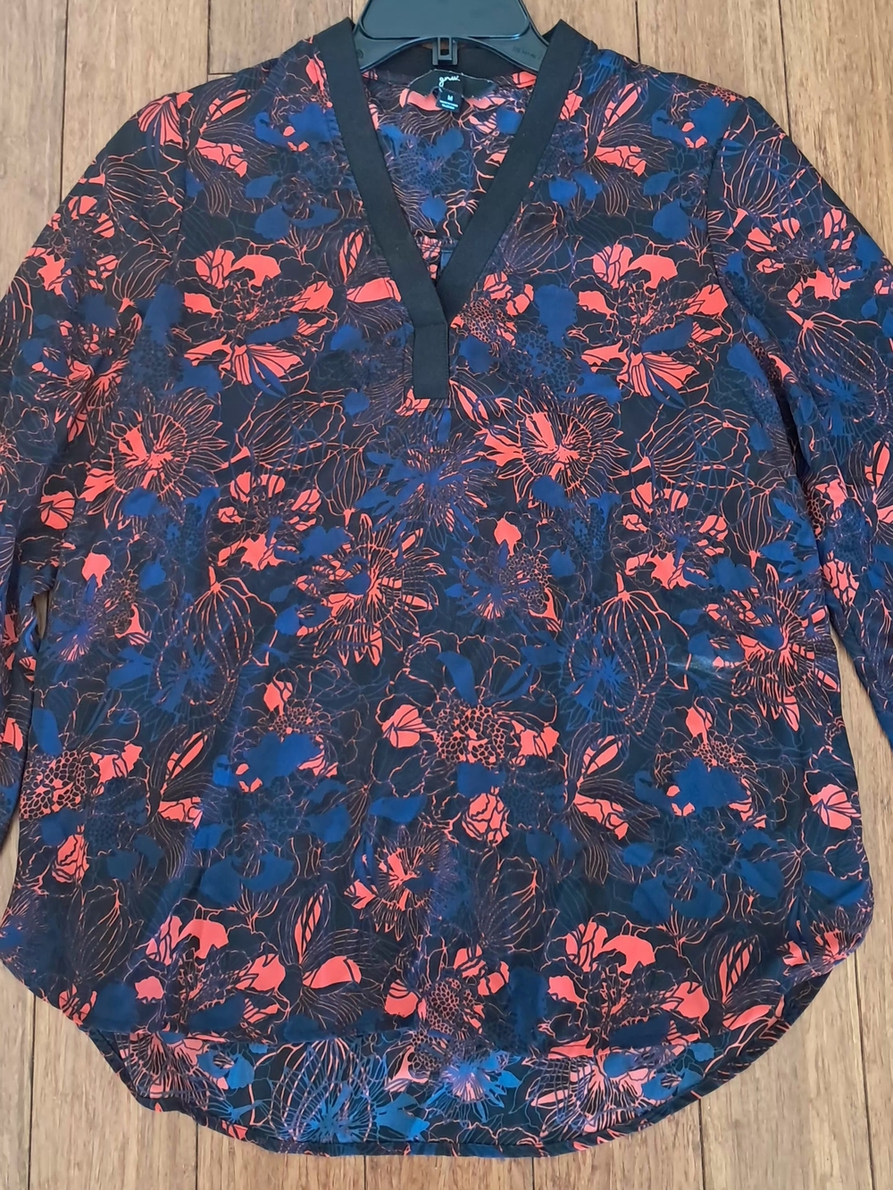 Floral V-Neck Long Sleeve Top - Black with Coral & Blue